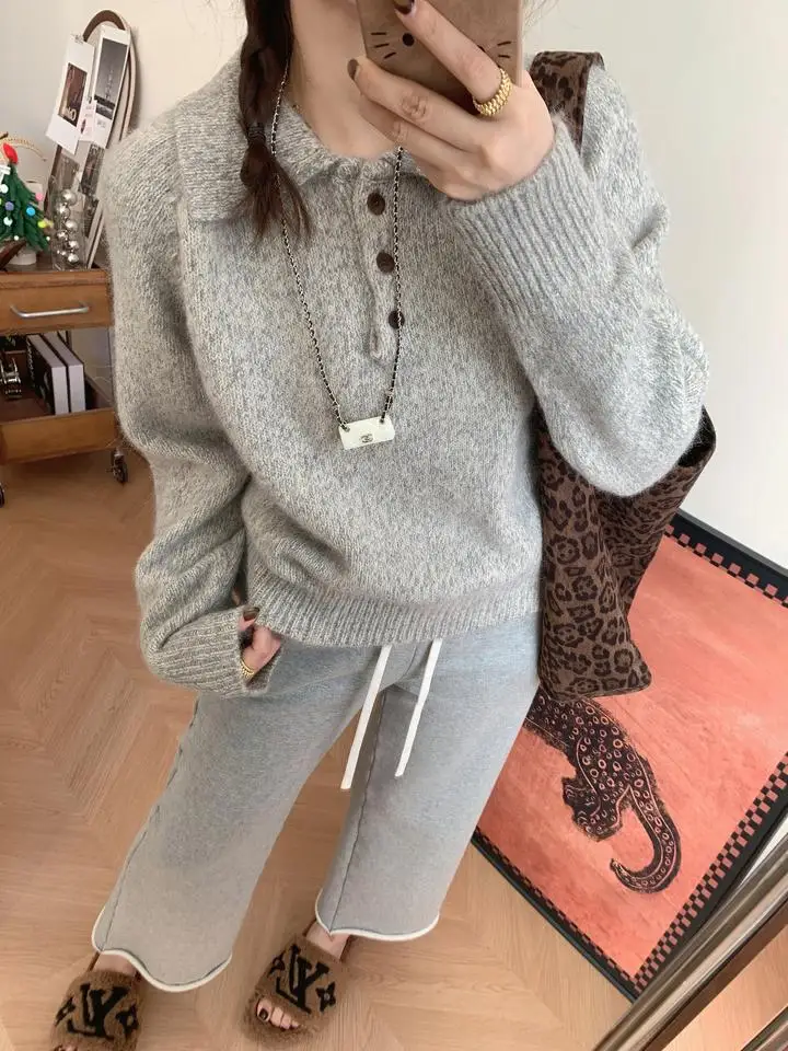 

Autumn Winter Soft Floral antung Collar Knitted Sweater Women's Overhead Wool Blend Knitwear Casual Loose Fit Long Sve