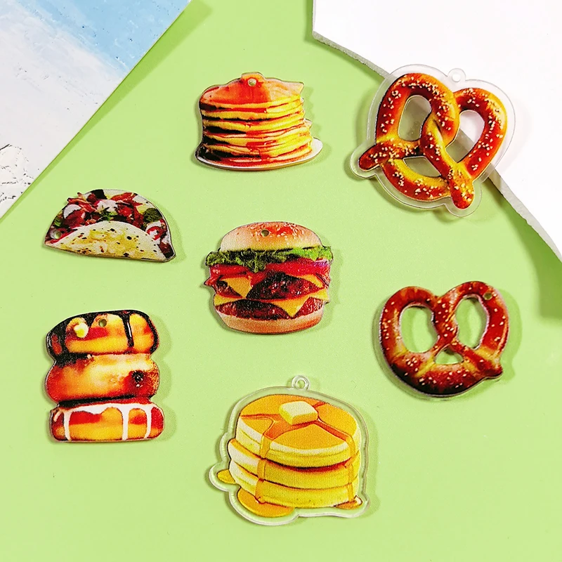 6 uds 2D lindo hamburguesa albóndigas pan acrílico encantos divertido colgante de comida china para joyería hacer DIY pendiente collar llaveros