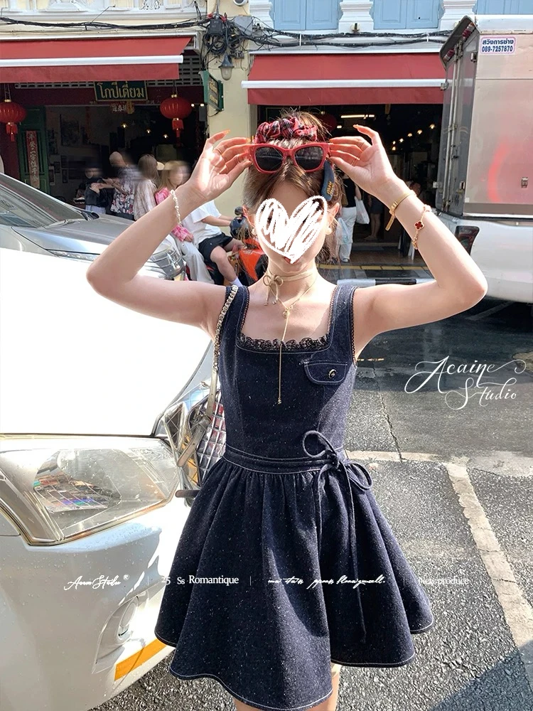 

Retro Hong Kong Style Denim Strap Dress Women's Summer Slim Square Collar A-line Short Dress Fashion Female Clothes