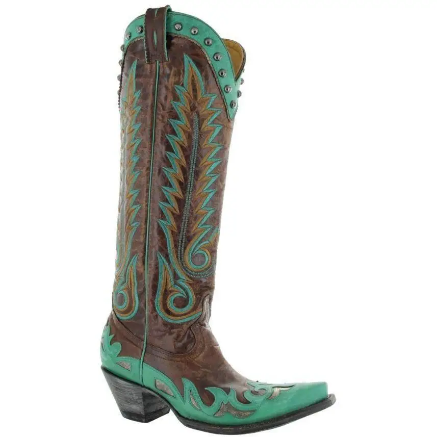 

Riveted Western Cowboy Competition Boots Color-Blocked Thick Heeled Knight Botines Pull-On Women's Long Botas Femininas