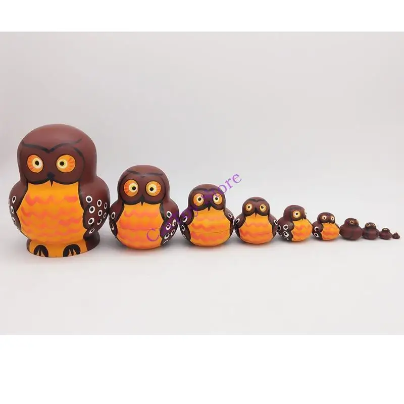 634F 10pcs Cartoon Big Belly Brown Owl Wooden Russia Nesting Dolls Matryoshka