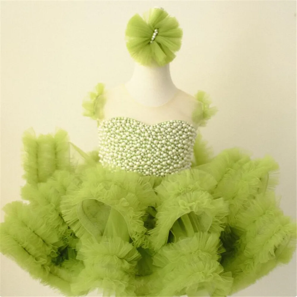 Puffy Tulle Baby Girl Birthday Dress with Detachable Train Little Princess Flower Girl Dress Infant New Birthday Gown