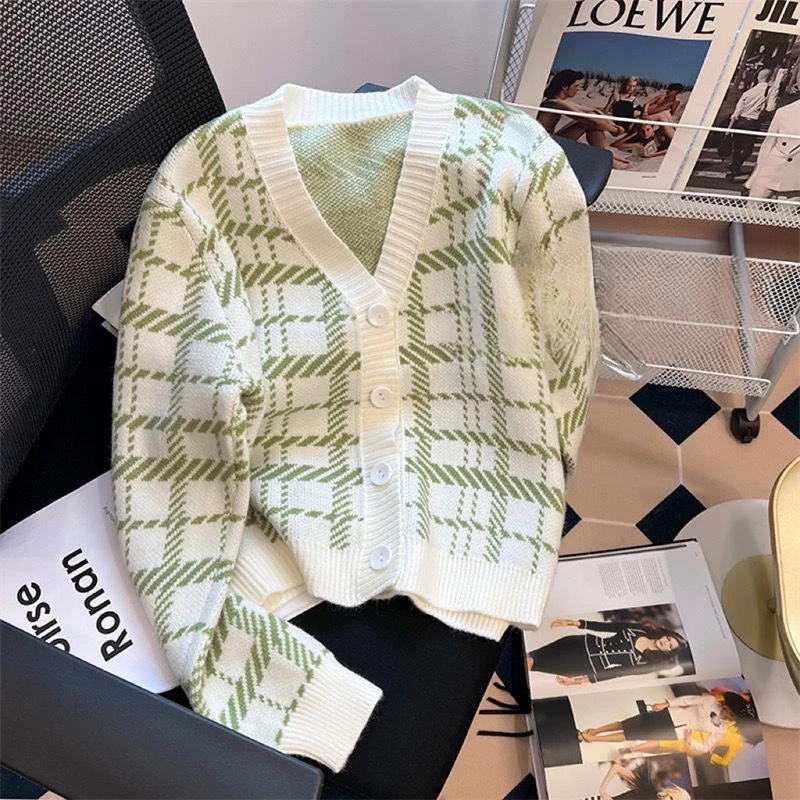 

2023 Spring Autumn New Women Long-sleeved Knit Cardigan Coats Female V-neck Plaid Overcoats Ladies Loose Sweater Jackets S491