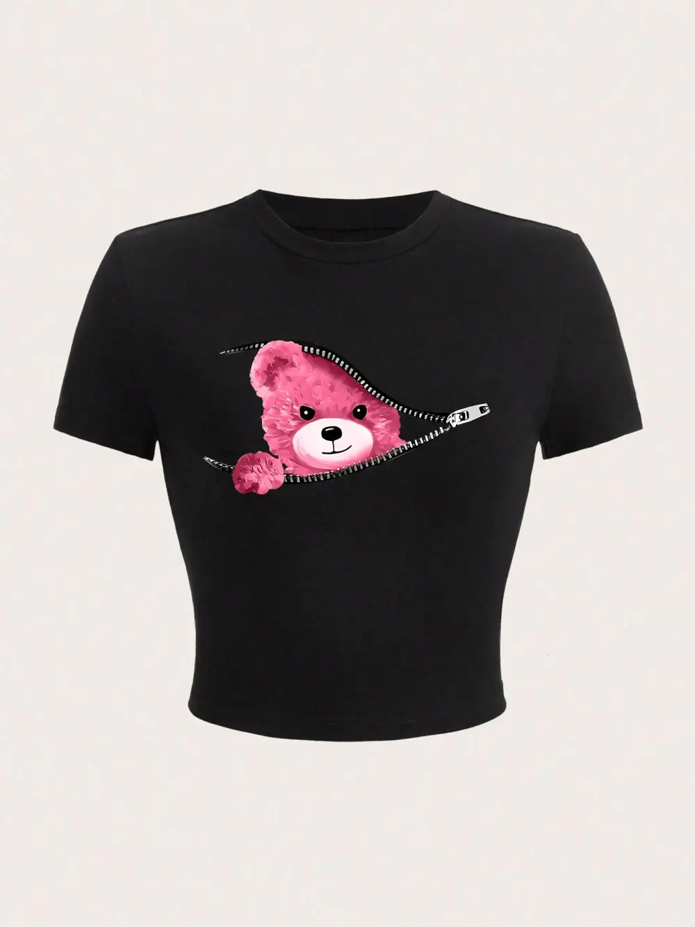 

Pink Teddy Bear Appears Funny Graphic Printing Crop Top Cropped Navel Womans T-Shirt Soft Stretch Breathable Females Clothes