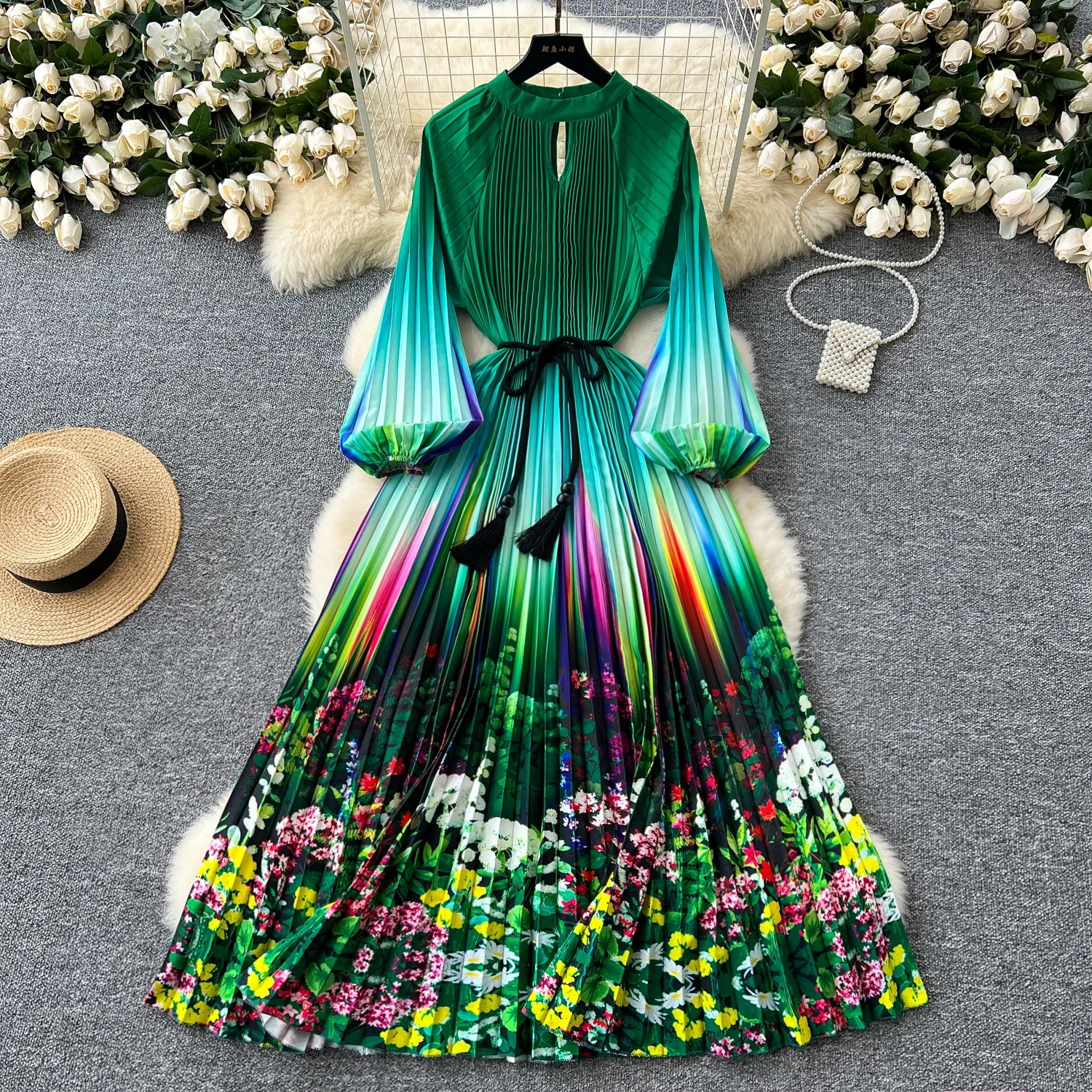 

Vintage Elegant Pleated Hollow Out Print O Neck Puff Sleeve Lace Up Dress A-line Fashion Spring Autumn Vestidos Women Dresses