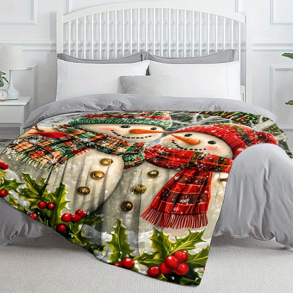 1pc Christmas Snowman Flannel Throw Blanket/Personalized Custom Name/Soft Polyester Fleece, No Feathers, Electricity-Free/Lightw