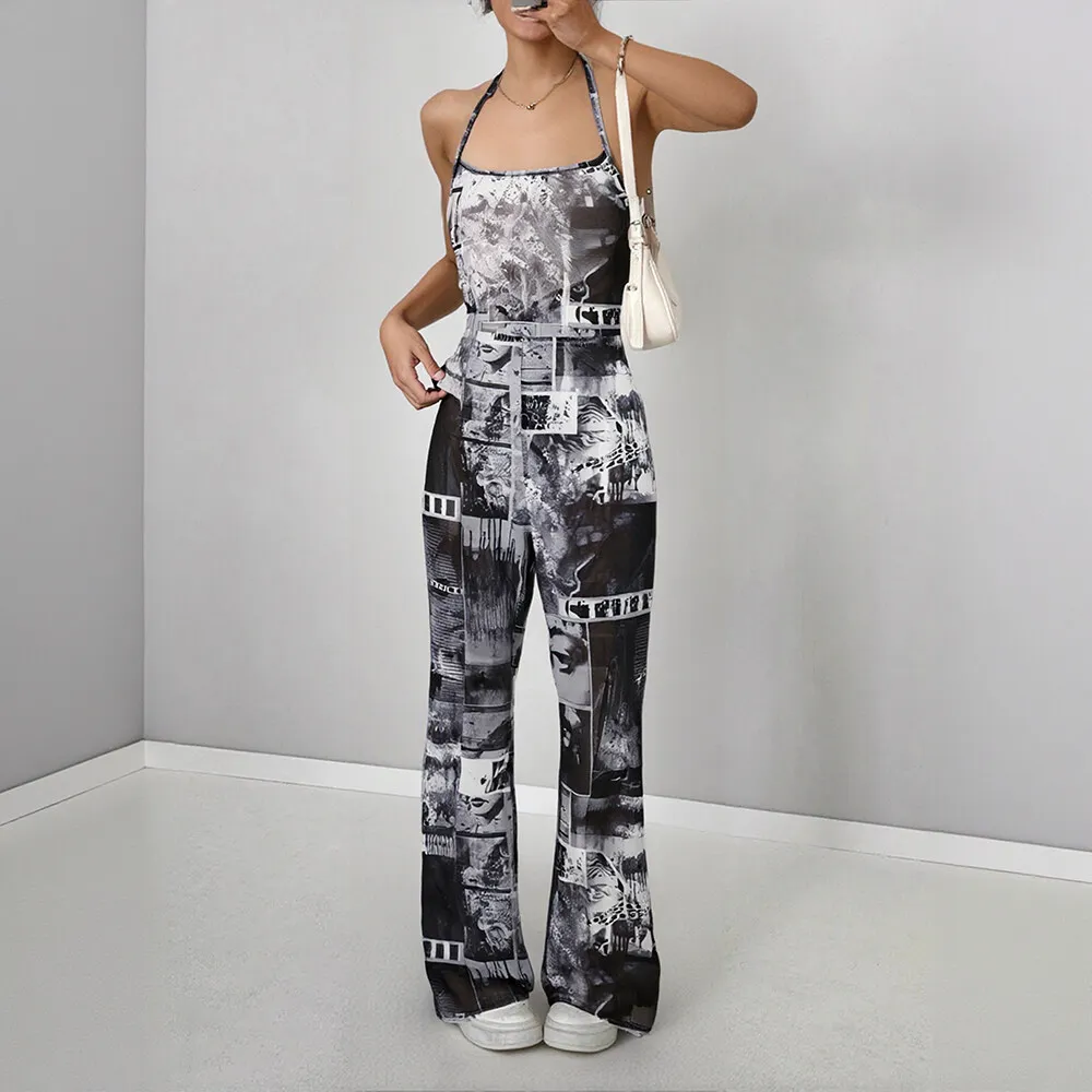 جمبسوت نسائي مناسب لجميع المواسم، طباعة ألوان متباينة نحيفة، بدون أكمام، رقبة رسن، كاحل، جمبسوت أنيق