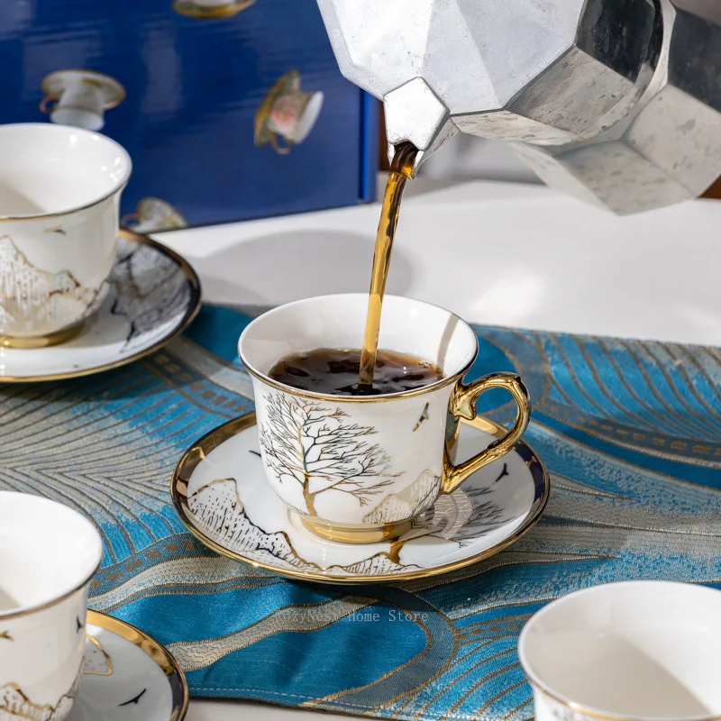 Gold Trim Coffee Cups & Saucer Set, High-End Home Tea Cups for Afternoon Tea, Beauty Salon Glassware