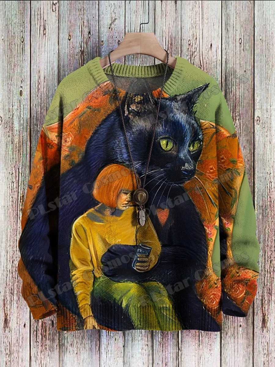 Retro Sunset And Cute Cat Pattern 3D Printed Men's Crewneck