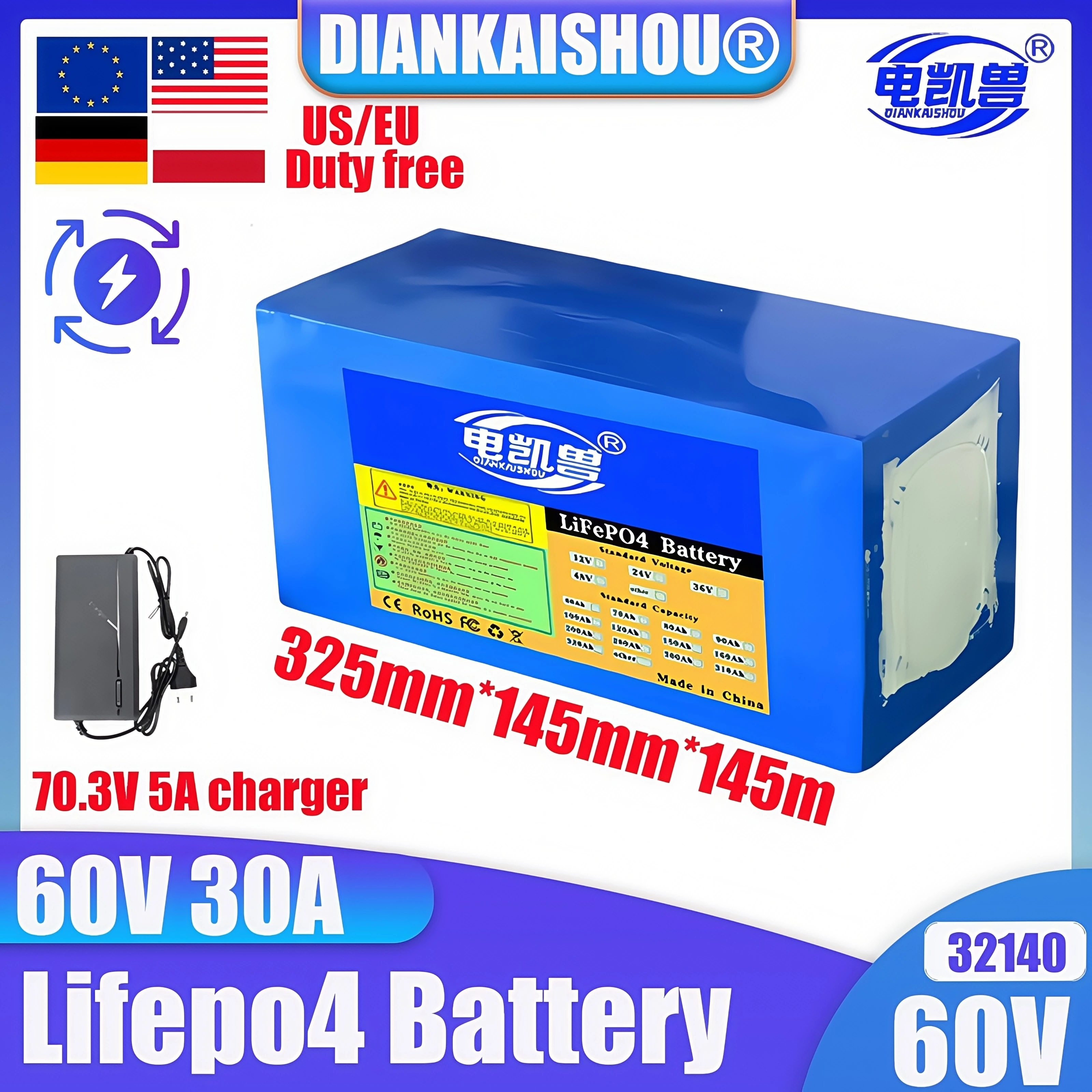 

60v 30ah LiFePo4 Rechargeable Battery Pack with Built-in BMS 0-3200W High Power Motor 70V 5A Charger -32140 22S2P