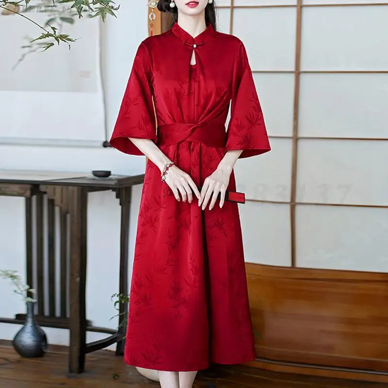 

Burgundy Jacquard A-Line Cheongsam Chinese Bride Wedding Party Dress Large Size 4XL Traditional Chinese Qipao Vintage Vestidos