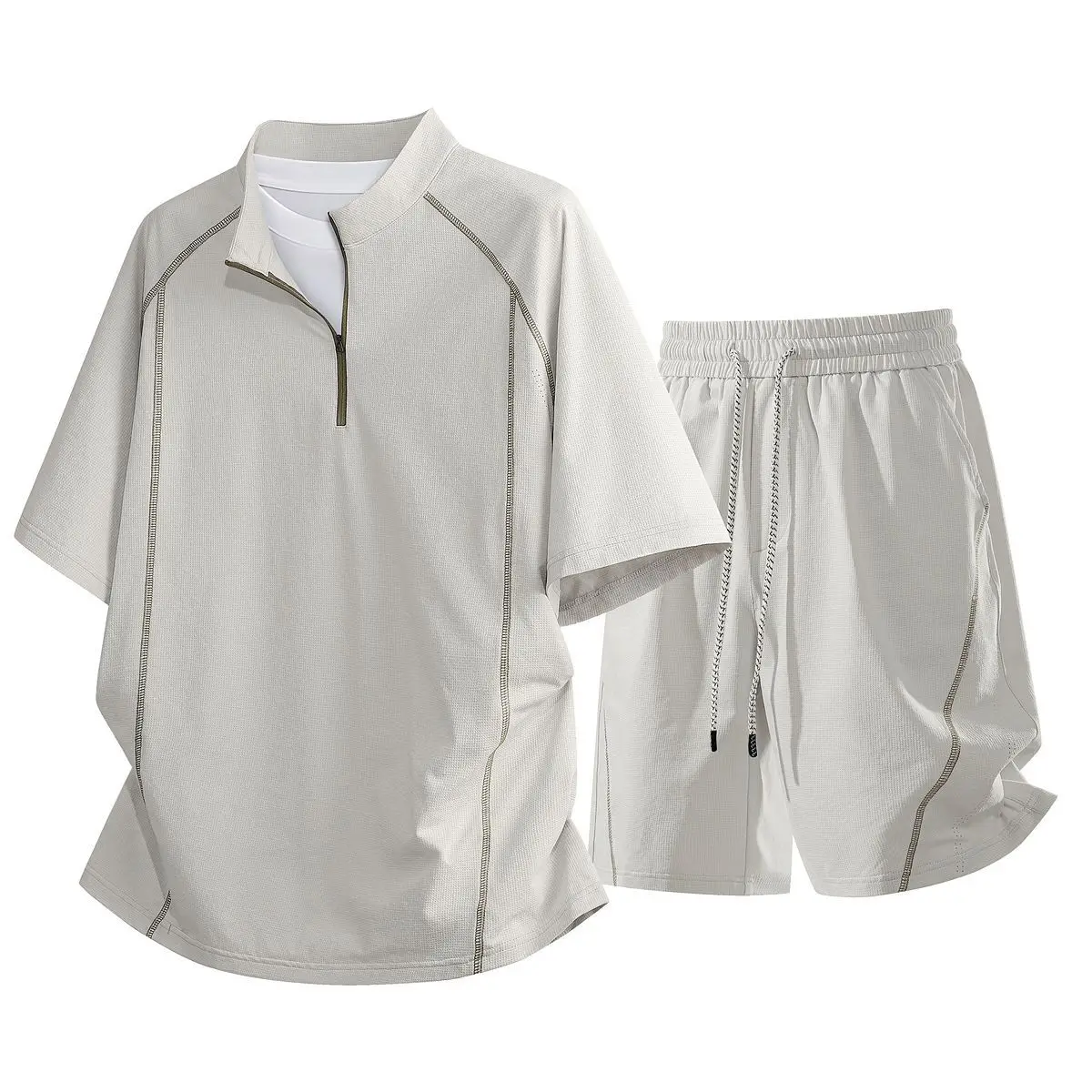 Men American Casual 2-Pcs Tracksuit Set Summer Loose Short Sleeve Half-zip T-Shirt Top & Shorts Quick Dry Hiking Sport Outfits