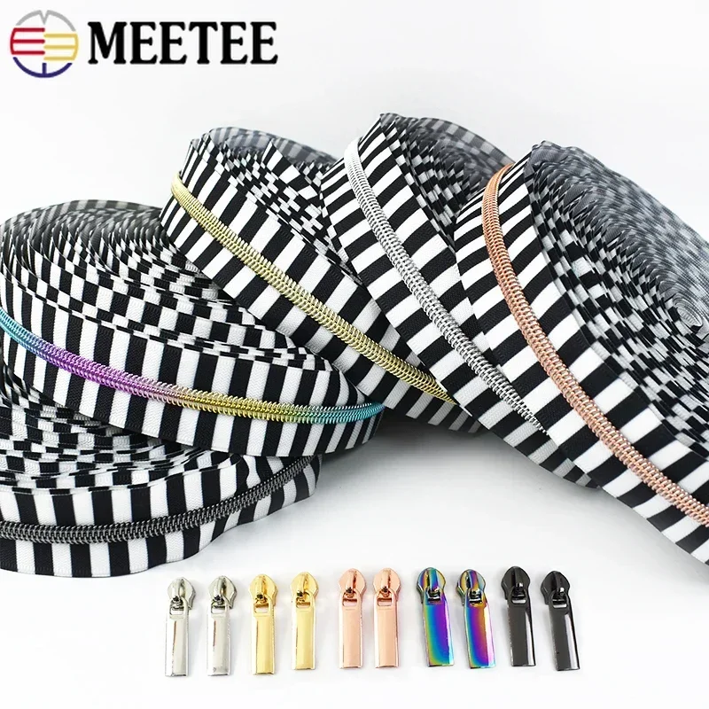 2/5/10Sets Meetee 5# Stripe Nylon Zippers Tapes With Zipper Slider Bag Decor Coil Zips Repair Kit DIY Garment Sewing Accessories