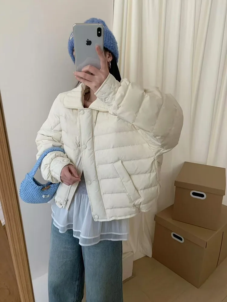 Korean version 2025 winter loose fit slimming versatile lapel down jacket women's short warm white duck down jacket