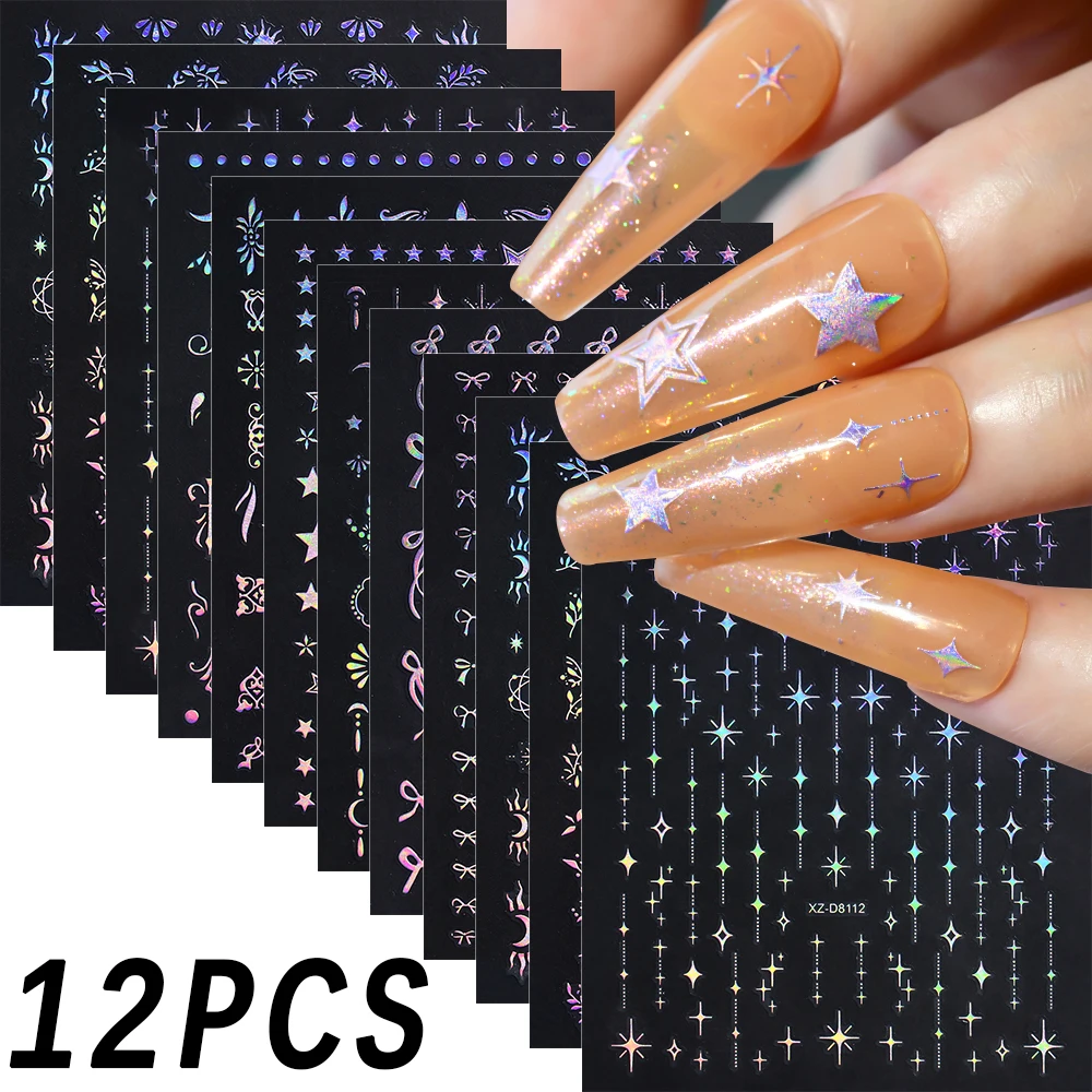 12 Stuks 3D Laser Gouden Ster Maan Strik Nail Art Stickers Bohemen Zon Bladeren Zelfklevende Nagels Slider Luxe manicure Decals