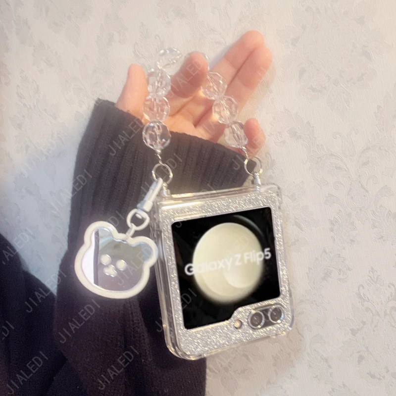 Cute Bear Beads Bracelet Chain Glitter Hinge Phone case For Samsung Galaxy Z Flip 5 6  3 4 Clear Hard flip6 Cover