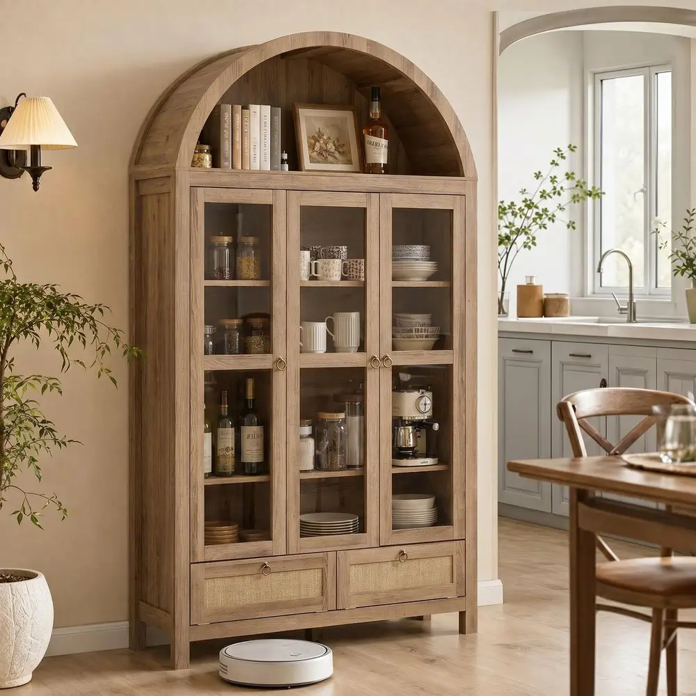 75 Arched Cabinet Classic Farmhouse Design w Three Glass Doors, Arch Cabinet w Rattan Drawers and AntiTipping Device, Versatile