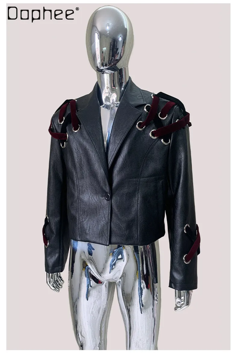 

Spring Autumn American Street Retro Motorcycle Style Men's Black Short Shoulder Cross Strap Suit Collar Pu Leather Jacket