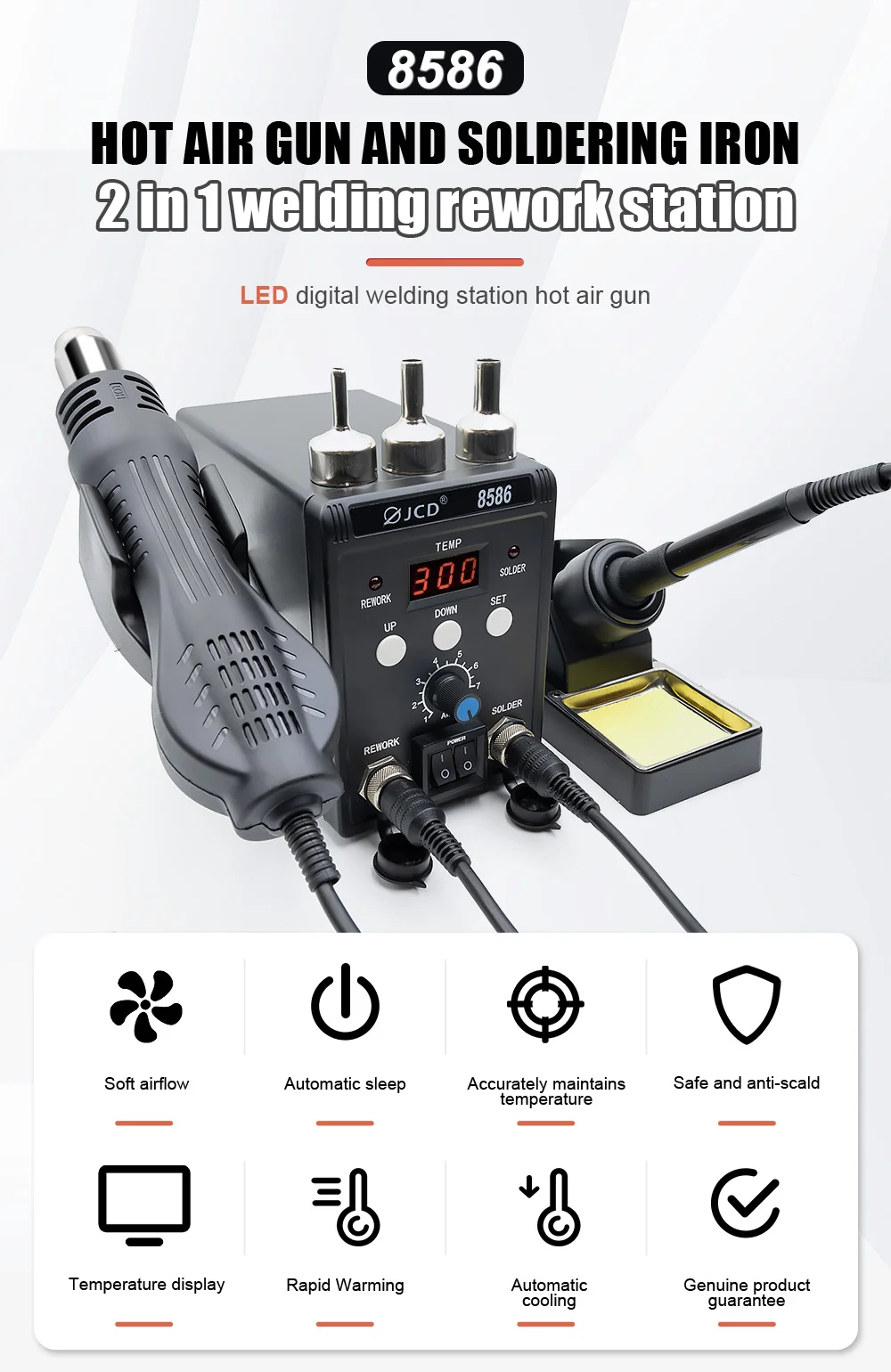 

JCD 750W 8586 2 In 1 Digital ESD Hot Air Gun Soldering Station Welding Solder Iron For IC SMD Desoldering Rework Tools