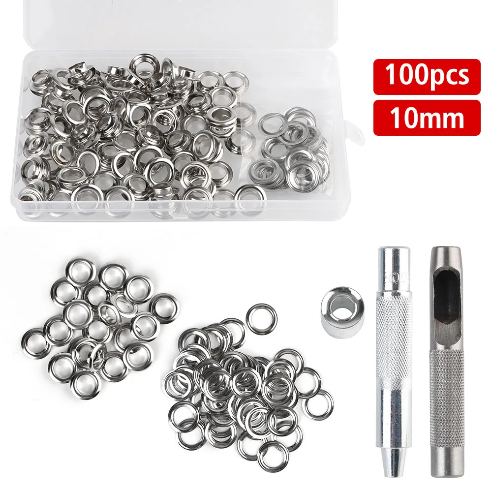 3  installation tools 100pcs 10MM Metal buckles Air Eyelet Corns Tarpaulin Ring Buckle Copper eyelet 1 Sets with box