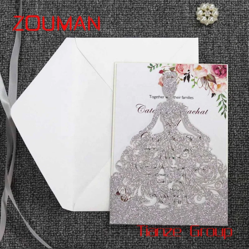 Custom , Custom Glitter Laser Cut Luxury Bride Wedding Invitations with Ribbon and Envelopes Greeting Card Set