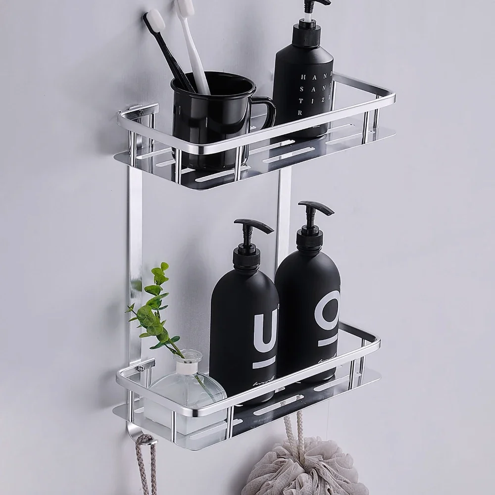 Bathroom Square Shelves Silver Aluminum Shower Basket Shampoo 1-3 Layer Holder Wall Hanger Storage Rack Organizer Accessories