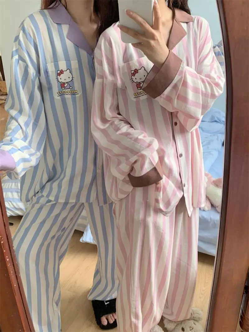 سانريو جديد منامة مجموعة مرحبا كيتي الكرتون لطيف شريط منامة الإناث ربيع الخريف جديد الترفيه المنزل الملابس مجموعة زوجين دعوى