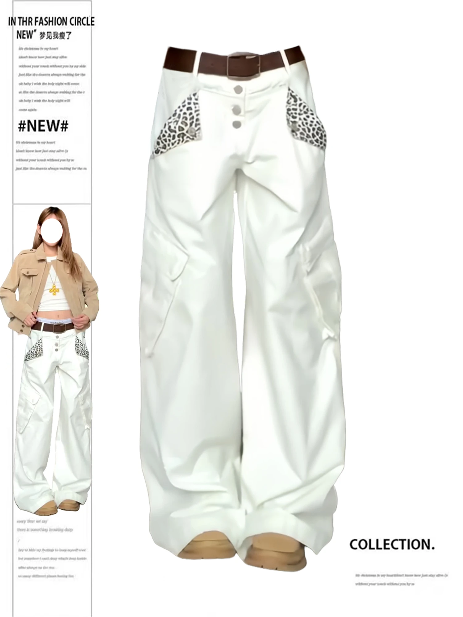 Y2k feminino streetwear jeans branco com estampa de leopardo retalhos bolsos de carga calças de perna larga calças de moda casual