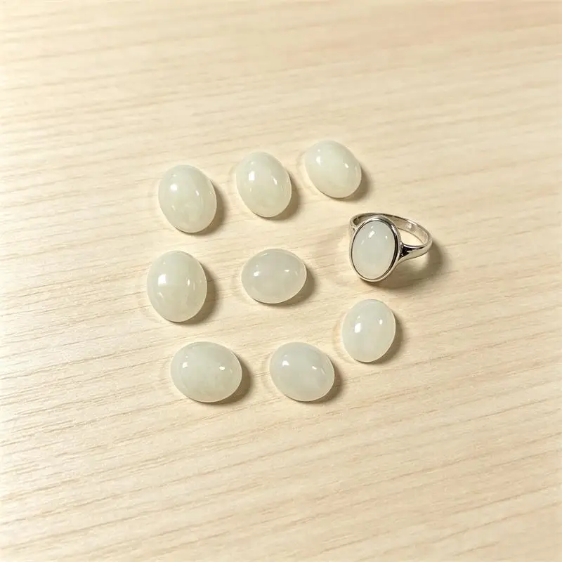 5pcs 6x8-13x18mm White Jade Oval Cabochon Beads No Hole Polished Flat Back for Necklace Pendant
