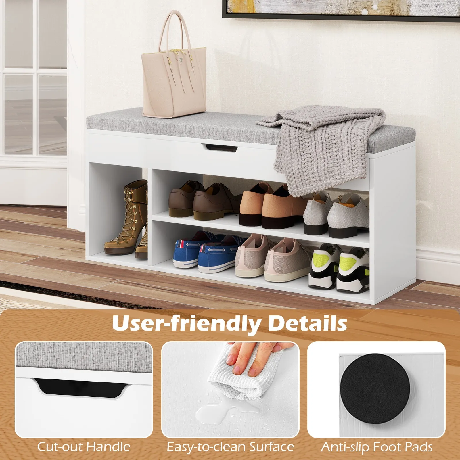 Banc à chaussures Banc de rangement pour chaussures d'entrée à la maison avec siège rembourré et rangement caché