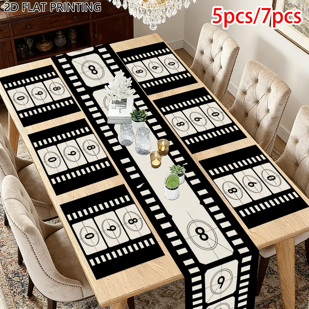 1pc Retro Movie Film Theme Film Reel Number Table Runner And Placemat For Restaurant Cafe Banquet Table Decor