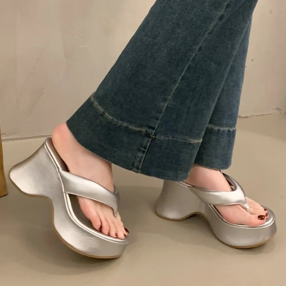 

10CM High Heel Wedges Women Sandals Pink Ladies Flip-Flops Leisure Platform Summer Beach Slippers Silver Chunky Shoes 2025