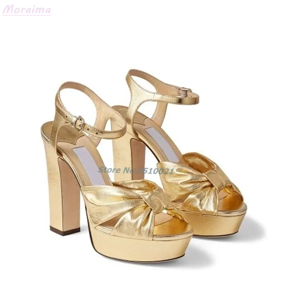 Knotted Strap Platform Sandals Mirror Leather Peep Toe Chunky Block Heel Ankle Buckle Solid Color  Sezy Women Shoes European New