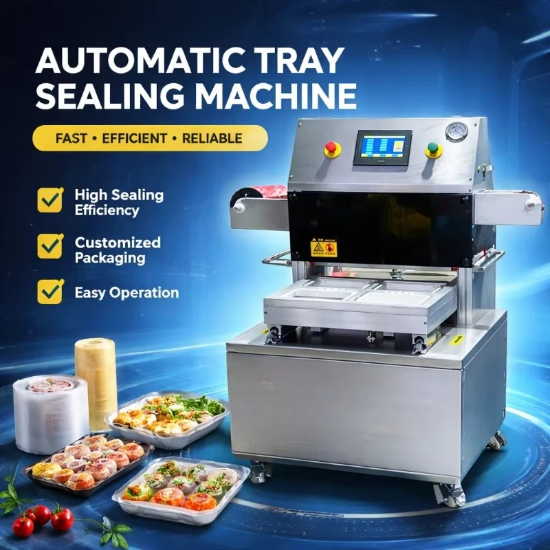 Commercial Automatic Food Tray Sealing Machine MAP Modified Atmosphere Packaging Foil for Ready Meals Meat Customized