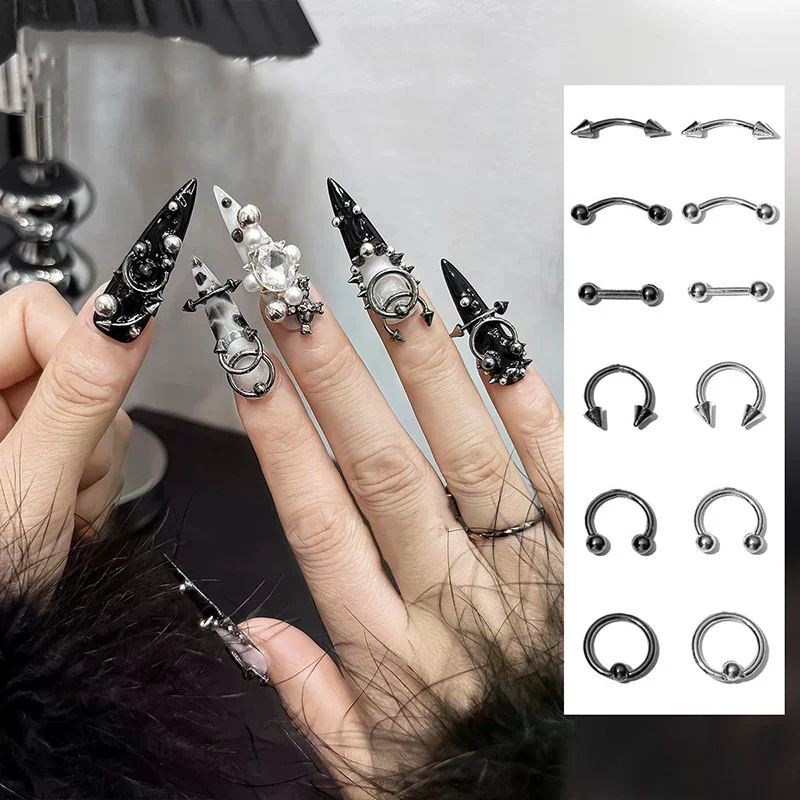 10 قطعة سبائك مختلطة الرجعية دائرة رسومات أظافر السحر ثلاثية الأبعاد أسلوب فاسق أسود فضي مسمار أجزاء مسمار الديكور مانيكير اكسسوارات