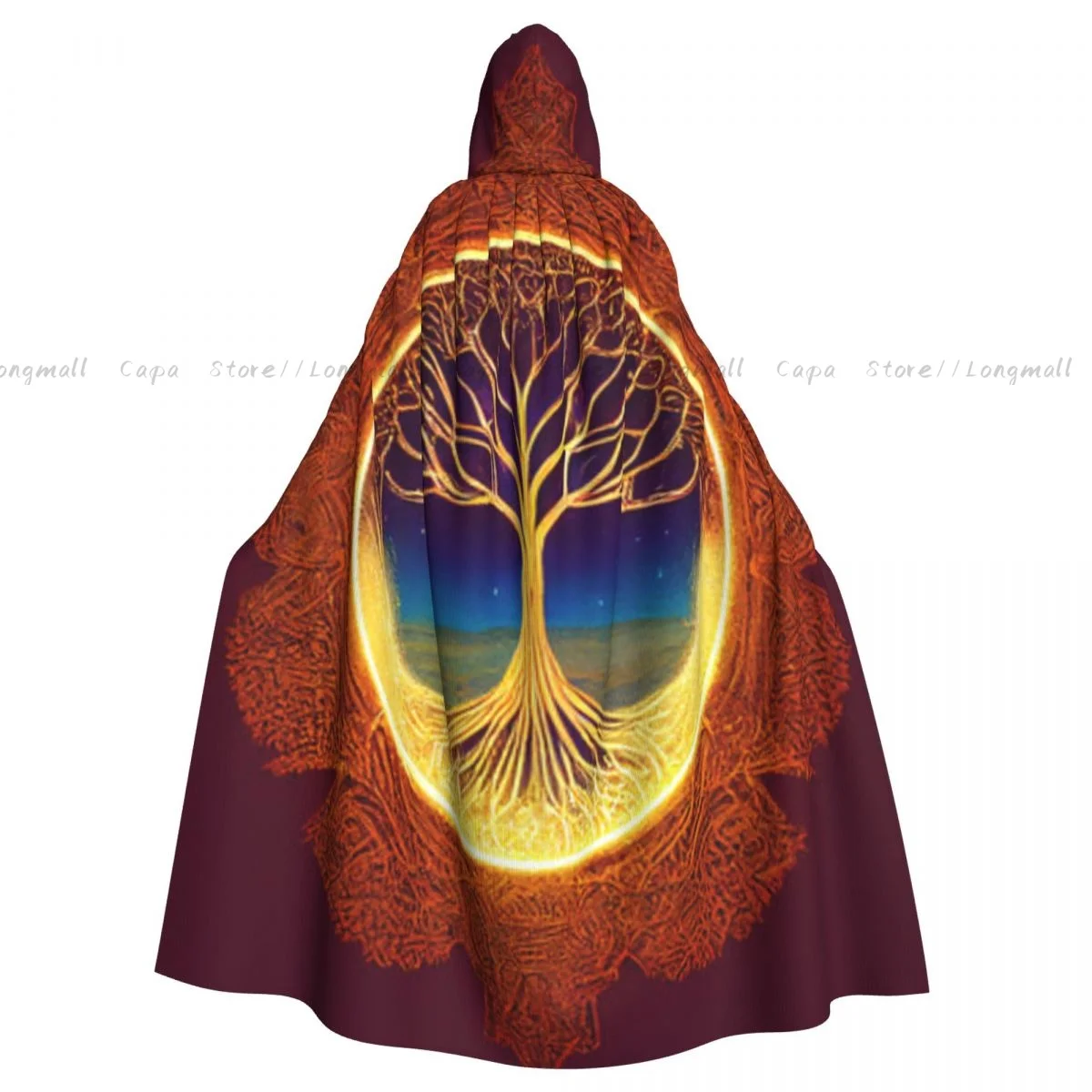 Adult Vampire Cape Hooded Robe Tree Of Life Yggdrasil Halloween Cloak Full Length Cosplay