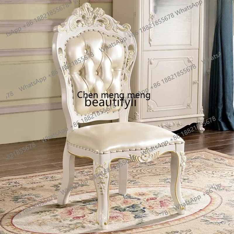 

B178 American restaurant solid wood carving flower leather dining chair leather casual white dressing chair2936