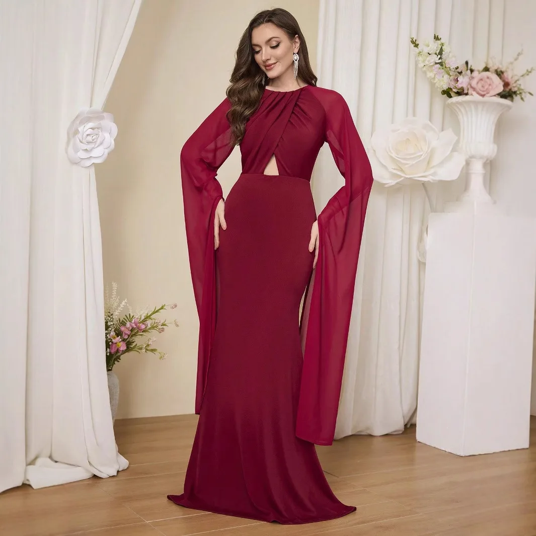 

Новое однотонное элегантное длинное вечернее платье с круглым вырезом и разрезом в Корейском стиле Kawaii 2024, летнее платье, халат, женское элегантное платье