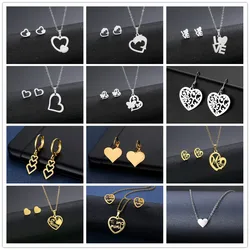 Stainless Steel Jewelry Sets Love Heart Shape Dolpnin Necklaces &  Earings Set Pendant Pin Studs Ear Wife Lovers Gifts For Her