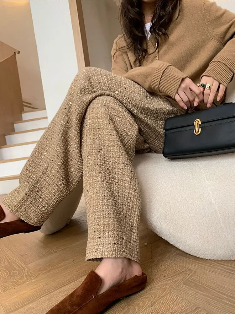 

2025 Women's Tweed Pants High Waist Wide Leg Khaki Sequin Casual Trousers Fall Winter Fashion Luxury Loose Lounge Pants Fashion