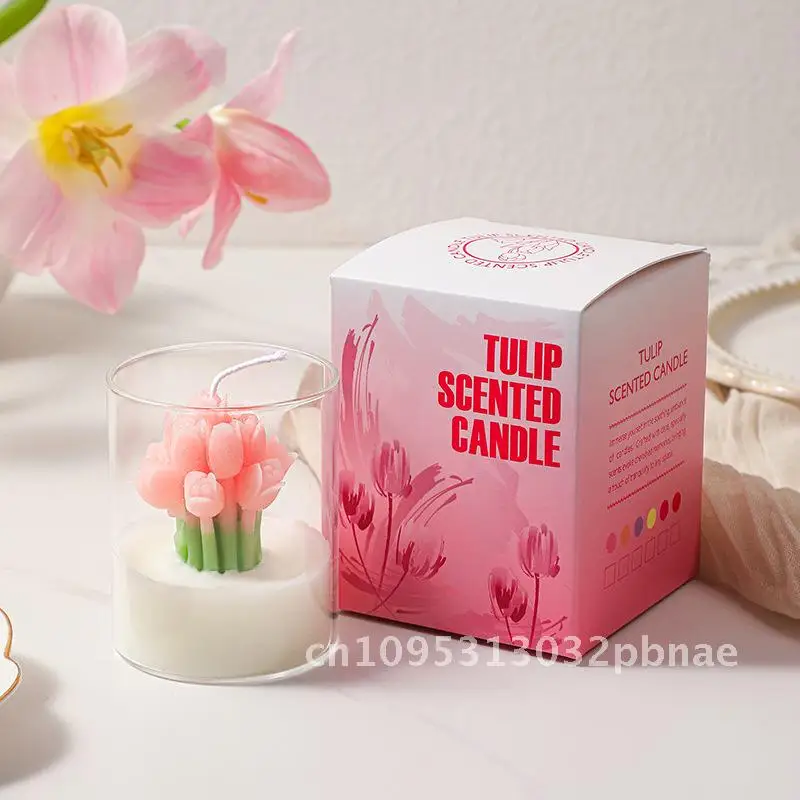 

Aromatherapy Candle Flower Shape Tulip Holder Handmade Soy Mixed Wax Scented Gift Boxed - White Rose English Pear Freesia & More
