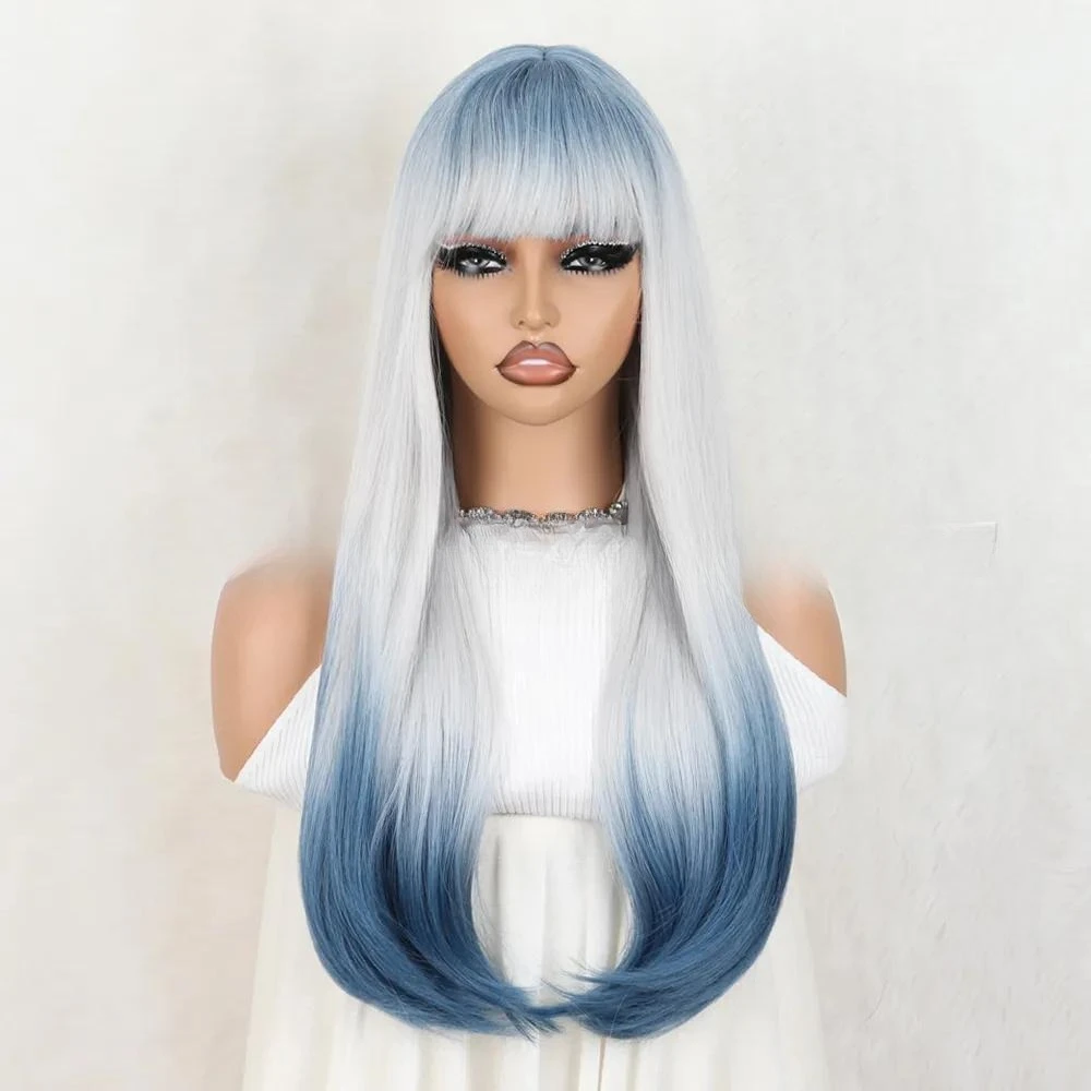 

Gradually change blue, fashionable long hair wig, synthetic high heat-resistant material wig with bangs, suitable for daily wear