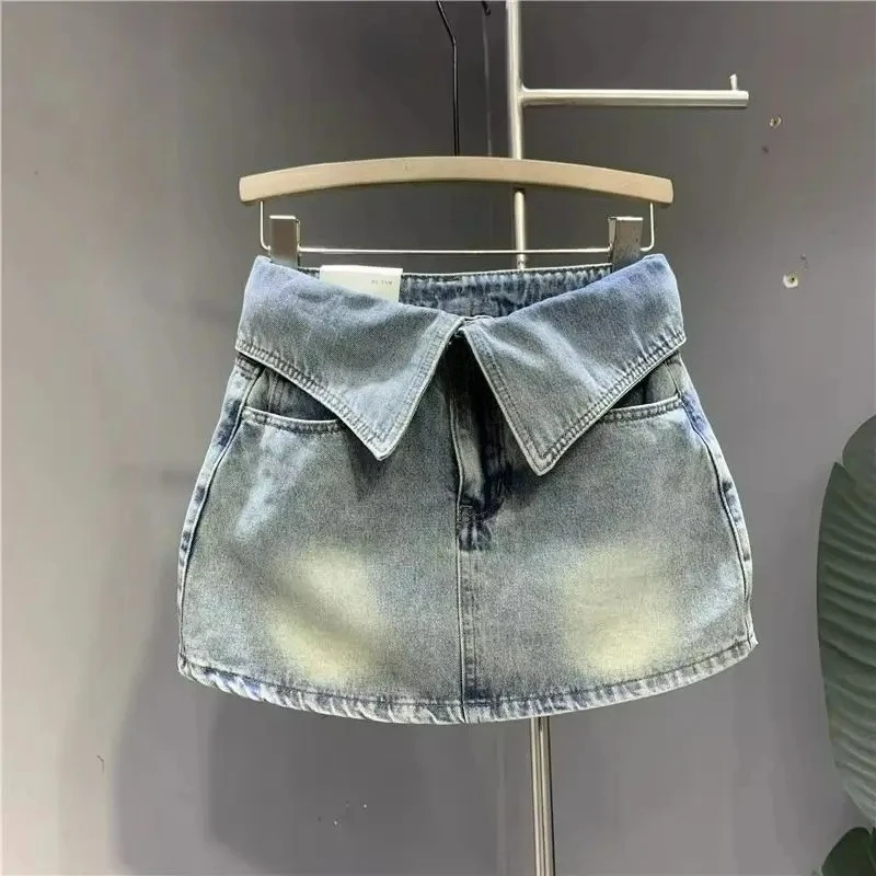 

Fashion Denim Light Blue Mini Skirt 2025 Summer Flip Waist Triangular Button Zipper New A-line Hip-hop Y2k Skirt