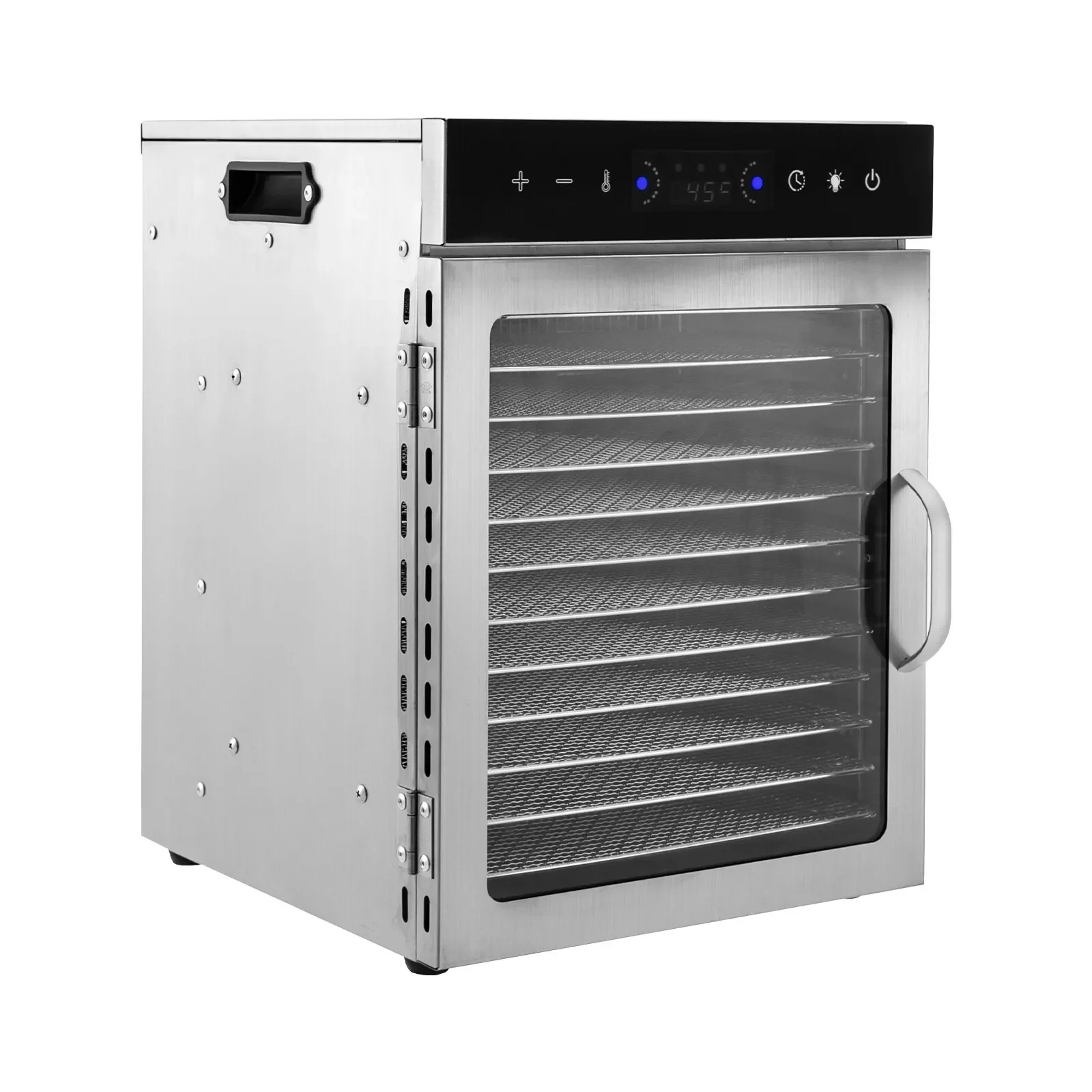 เครื่องอบแห้งอาหารขนาด 650 วัตต์ 12 ช่อง พร้อมหน้าจอสัมผัสและไฟ LED - เครื่องอบผลไม้ เนื้อสัตว์ เจอร์กี้ สเตนเลสสตีล 110V ปลั๊กแบบ US