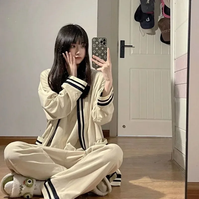 

Spring Summer Autumn Online Celebrity Long Sleeve Camisole Loungewear Three-piece Suit Simple Style Sense Advanced Pajama Women