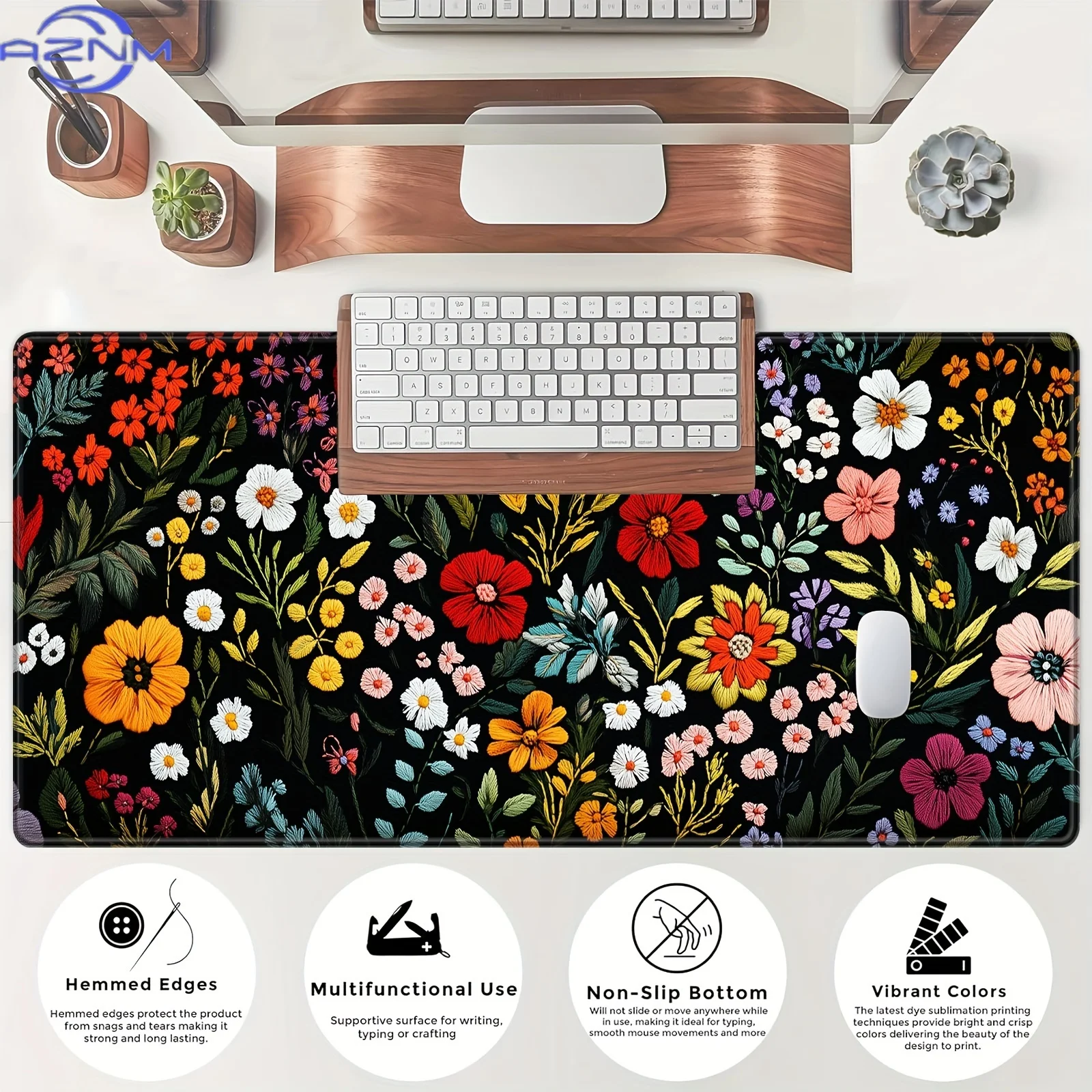 Extra-Large Floral Gaming Mouse Pad with Stitched Edges - Washable, Non-Slip Rubber Base Desk Mat for Office, Computer, Laptop -