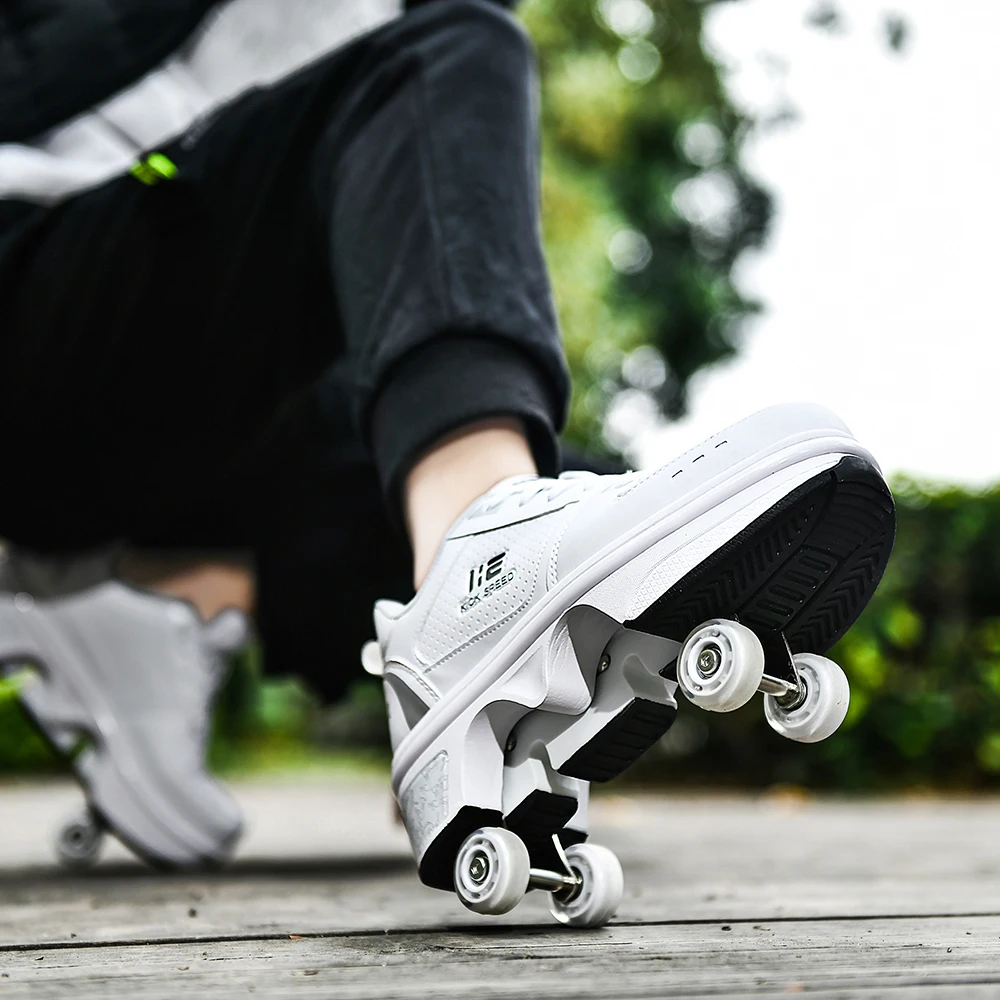 Roller Skates Shoes Casual Sneakers Walk Roller Skates Deform Runaway 4-Wheel Skates Adults Unisex Roller Skates with 4 Wheels