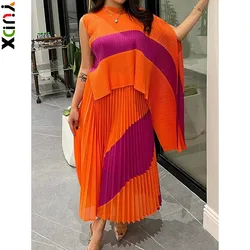 YUDX Summer Fashion Pleated Two Piece Set for Women 2024 New Irregular Shawl Top + Long Elastic Waist Swing A-line