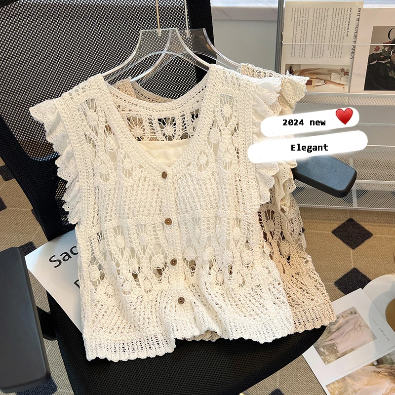 French Crochet Hollow Knit Sweater Vest +Spaghetti Strap Camisole  Women Spring Summer New Elegant Ruffled V-neck Cardigan 2pcs