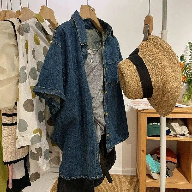 

Summer Loose Fit Men's Denim Shirt Short Sleeve Vintage Style Casual Wear Polyester Fiber Regular Thickness Open Cardigan